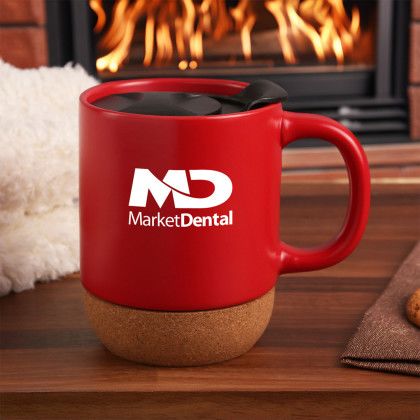 Custom 12 oz. Java Ceramic Mug with Cork Base - Red Lifestyle View Custom 12 oz. Java Ceramic Mug with Cork Base - Red Lifestyle View