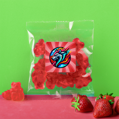 Custom Albanese Strawberry Gummi Bears: Taster Packet - Lifestyle View Custom Albanese Strawberry Gummi Bears: Taster Packet - Lifestyle View