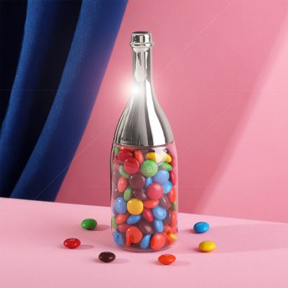 Custom Sweet Spritz Candy Champagne Bottle: Deluxe - Clear With Silver Front View 