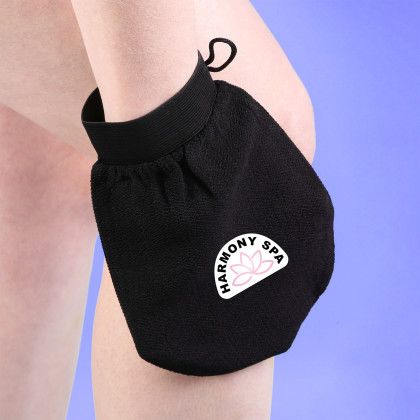 Custom Cleanser Exfoliating Mitt - Black In Use Custom Cleanser Exfoliating Mitt - Black In Use