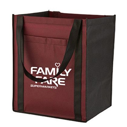 Custom Large Non-Woven Grocery Tote w/ Pocket - Burgundy