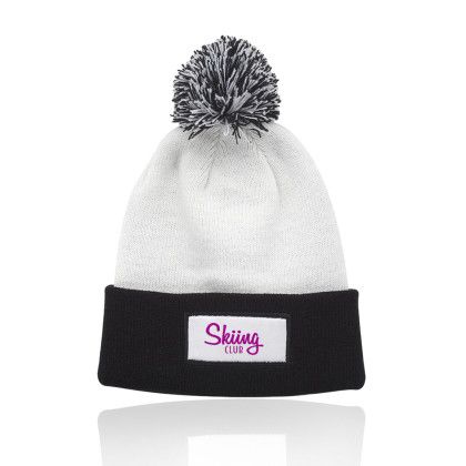 Custom Fuji Two-Tone Patch Pompom Beanies - Black 
