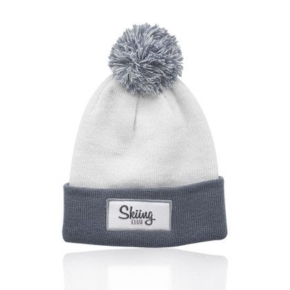 Custom Fuji Two-Tone Patch Pompom Beanies - Grey 