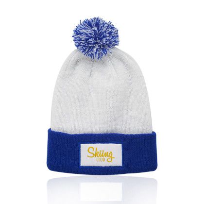 Custom Fuji Two-Tone Patch Pompom Beanies - Blue 