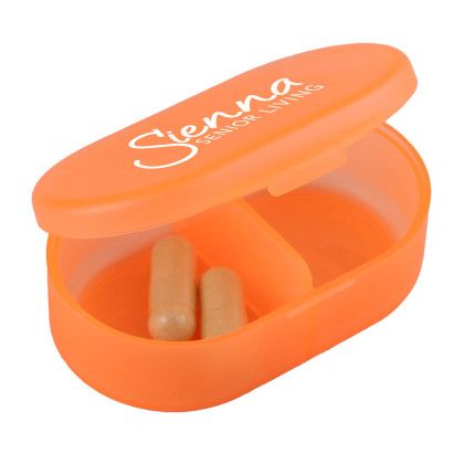 Custom Dual Compartment Pill Box - Translucent orange Open View Custom Dual Compartment Pill Box - Translucent orange Open View
