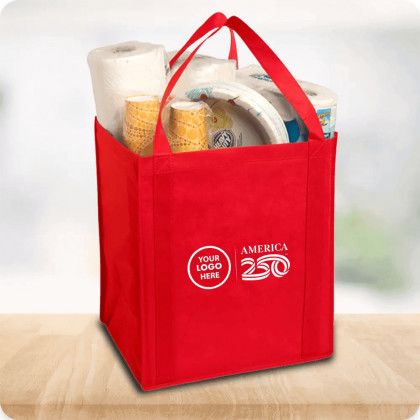 Custom Large Non-Woven Grocery Tote - Red Lifestyle View Custom Large Non-Woven Grocery Tote - Red Lifestyle View