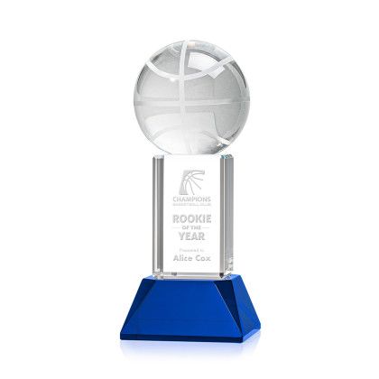 Custom Basketball Award on Stowe Blue Base Small - Etched - Blue Custom Basketball Award on Stowe Blue Base Small - Etched - Blue