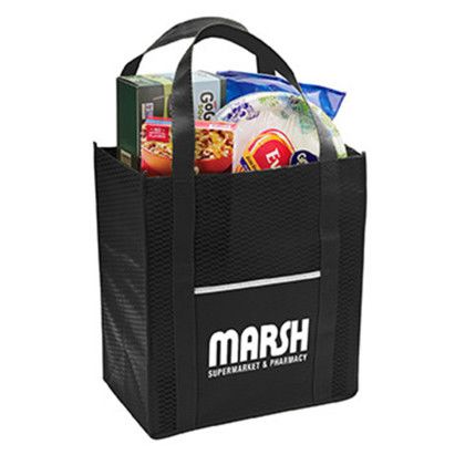 Custom Riptide Non-Woven Grocery Tote - Black In use Custom Riptide Non-Woven Grocery Tote - Black In use