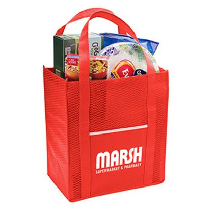 Custom Riptide Non-Woven Grocery Tote - Red In use Custom Riptide Non-Woven Grocery Tote - Red In use