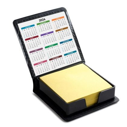 Custom Leatherette Flip-Top Calendar Box with Yellow Note Paper - Open View Custom Leatherette Flip-Top Calendar Box with Yellow Note Paper - Open View