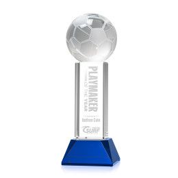 Custom Medium Soccer Ball Award on Stowe Blue Base - Etched Custom Medium Soccer Ball Award on Stowe Blue Base - Etched