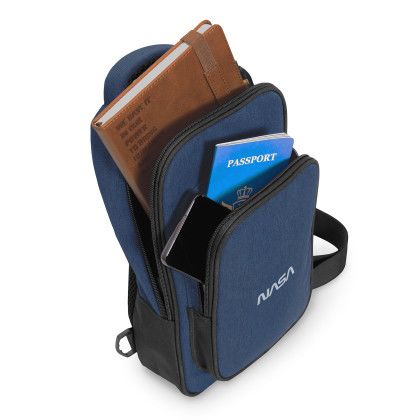 Custom Nomad Must Haves - Renew Sling Bag - Navy Blue Lifestyle View Custom Nomad Must Haves - Renew Sling Bag - Navy Blue Lifestyle View