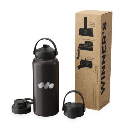 Custom Winner's Circle 32 oz Recycled Stainless Bottle With Cap Kit - Black Packaging View Custom Winner's Circle 32 oz Recycled Stainless Bottle With Cap Kit - Black Packaging View