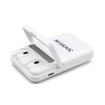 Custom Arcadia, 7700 mAh Wireless Power Bank with TWS Earphones - White Open View Custom Arcadia, 7700 mAh Wireless Power Bank with TWS Earphones - White Open View