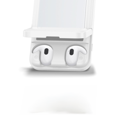 Custom Arcadia, 7700 mAh Wireless Power Bank with TWS Earphones - White Earphone inside case view Custom Arcadia, 7700 mAh Wireless Power Bank with TWS Earphones - White Earphone inside case view