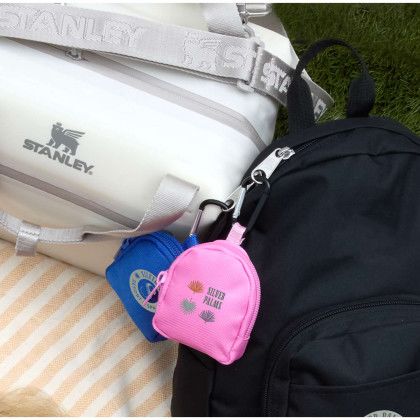 Custom Mini Backpack Bag Charm - Blue and Pink in Use