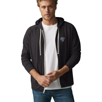 Custom Men's American Giant Lightweight Full Zip Hoodie - Black Heather Lifestyle View Custom Men's American Giant Lightweight Full Zip Hoodie - Black Heather Lifestyle View