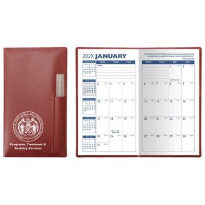 Custom Executive Vinyl Cover Monthly Pocket Planner with Pen - Maroon Crush Red Custom Executive Vinyl Cover Monthly Pocket Planner with Pen - Maroon Crush Red