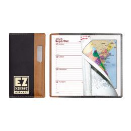Custom Lafayette Series Soft Cover 2 Tone Vinyl Weekly Planner with Clear Pen & Map - Black with Tan 