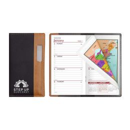 Custom Lafayette Series Soft Cover 2 Tone Vinyl Weekly Planner with Clear Pen & Map / 2 Color - Black with Tan