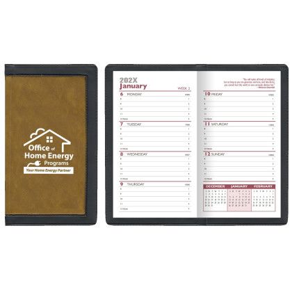 Custom 2 Tone Vinyl Cover Weekly Planner w/ 1 Color Insert & Map - Almond beige with Black Custom 2 Tone Vinyl Cover Weekly Planner w/ 1 Color Insert & Map - Almond beige with Black