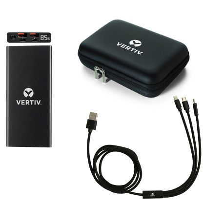 Custom Fast Charging Power Bank with 3-in-1 Charging Cable Gift Set - Black with Gunmetal Custom Fast Charging Power Bank with 3-in-1 Charging Cable Gift Set - Black with Gunmetal