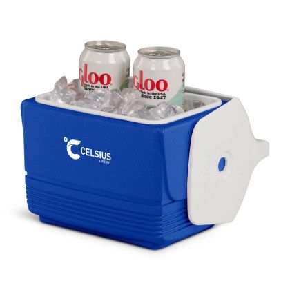 Custom Igloo Playmate Mini 4 Qt Cooler - White with Majestic Blue - In use Custom Igloo Playmate Mini 4 Qt Cooler - White with Majestic Blue - In use