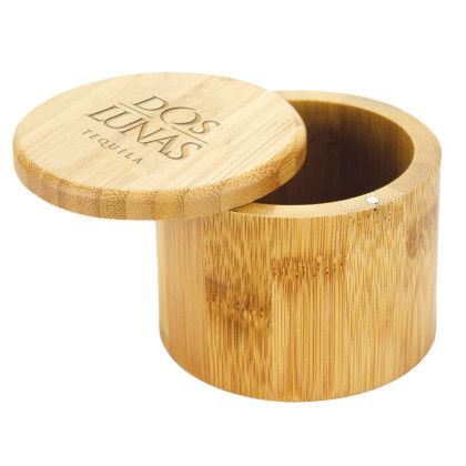 Custom 6 oz Round Salt Bamboo Box - Natural Open Box View Custom 6 oz Round Salt Bamboo Box - Natural Open Box View