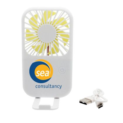 Custom Portable Fan with Phone Holder and Full Color Digital Imprint - White Custom Portable Fan with Phone Holder and Full Color Digital Imprint - White