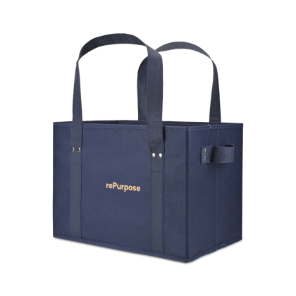 Custom Recycled Non-Woven Collapsible Box Tote - Navy Side View 