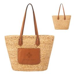 Custom Solana Hyacinth Grass Tote Bag - Natural with Brown