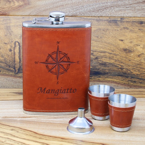 Personalized Brown Leather Flask Set | Holiday Drinkware Gifts for Employees