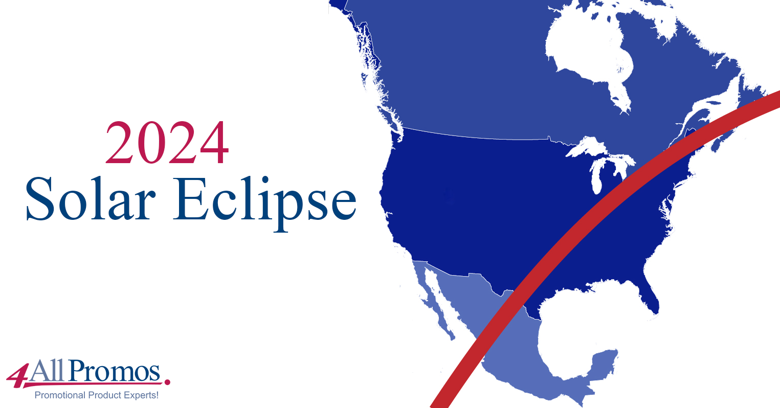 A blue on Blue graphic of North America with a red line showing the trajectory of the eclipse. 