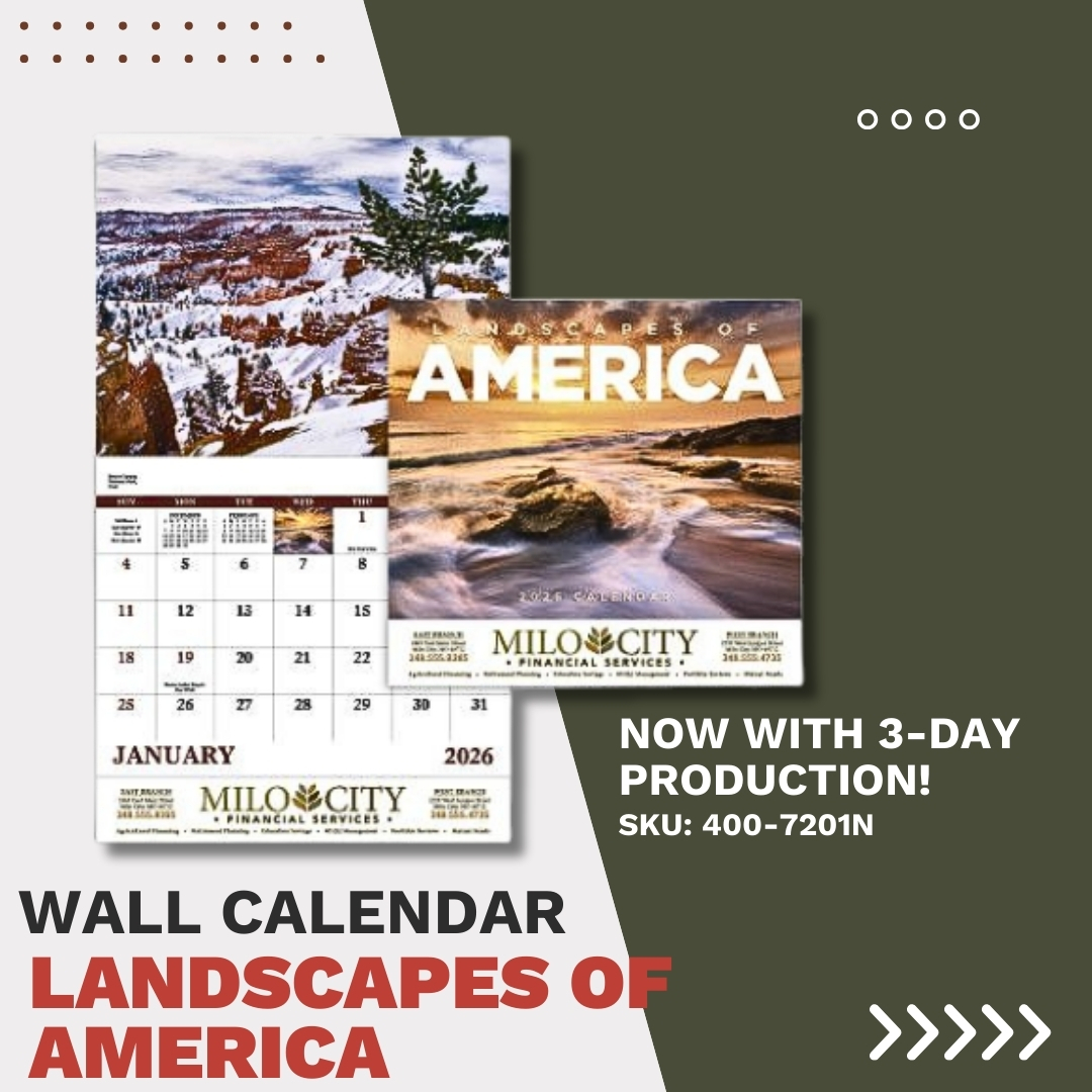 Wall Calendar, Landscapes of America. Now with 3-day production! SKU: 400-7201N