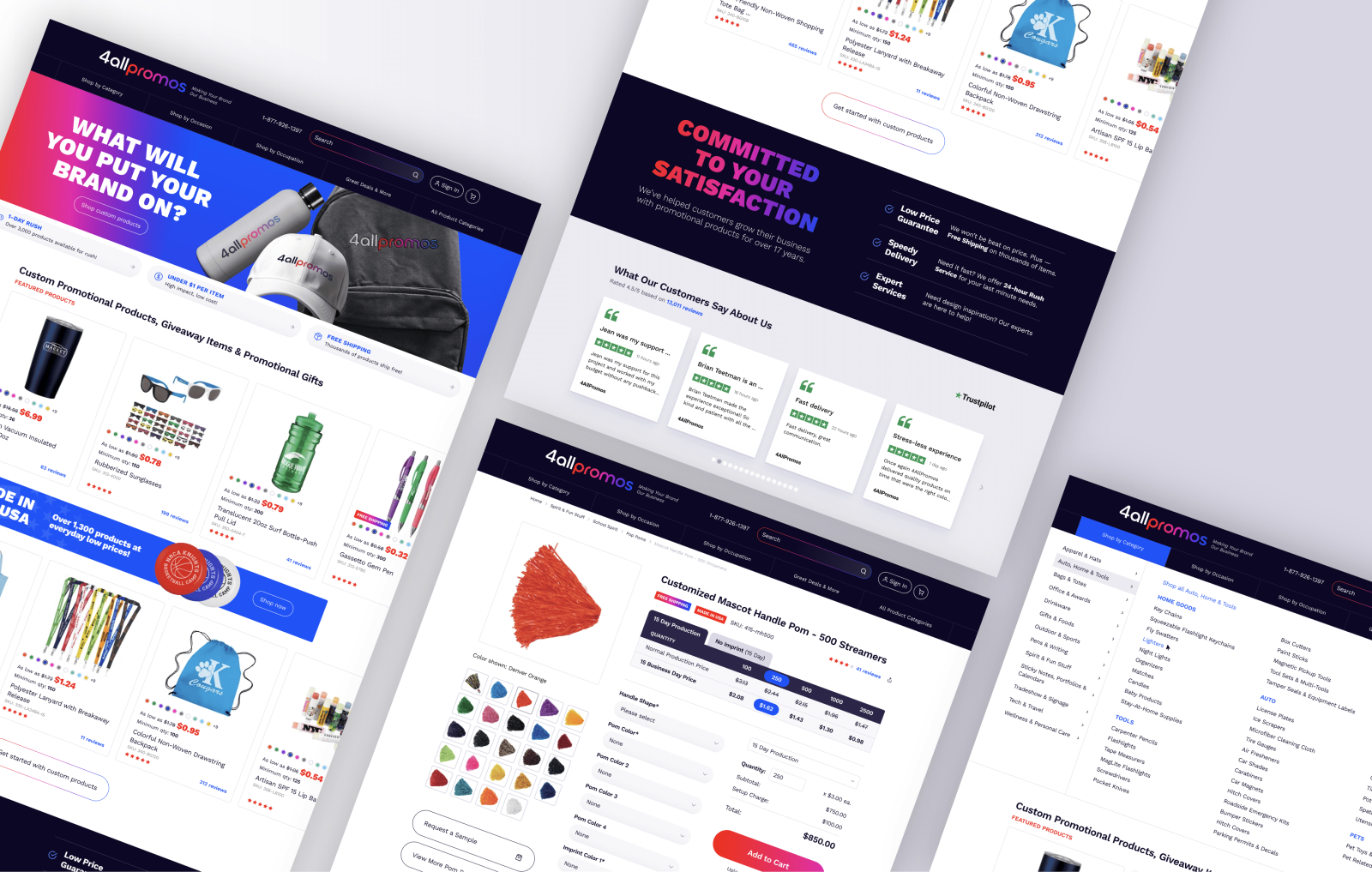 A collection of development screenshots showing previews of an overhauled website design. Includes new colors and features, a new homepage layout, a new product page layout, and a new navigation menu.