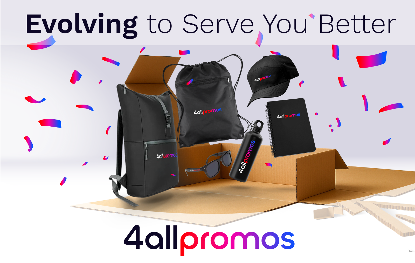 A collection of products customized with the new 4AllPromos logo bursting out of a cardboard box, surrounded by confetti