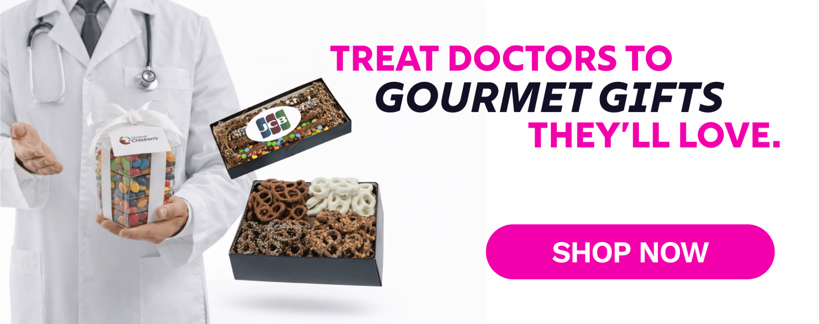 Call to action graphic to shop for gourmet gifts on Doctors' Day.