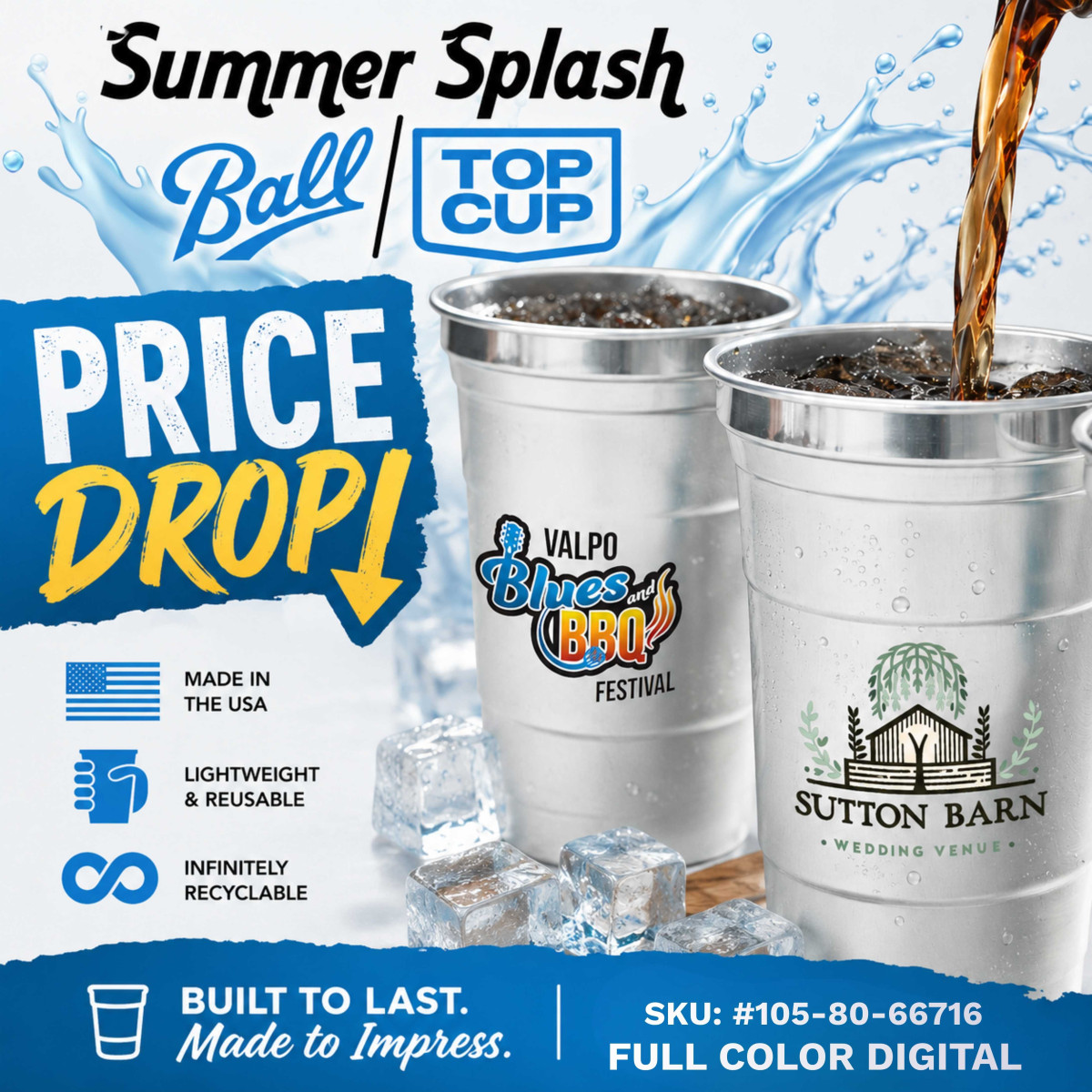 Summer Splash, Ball Top Cup. Price Drop. Made In The USA. Lightweight & Reusable. Infinitely Recyclable. Build to Last, Made to Impress. Sku #105-80-66716. Full Color Digital