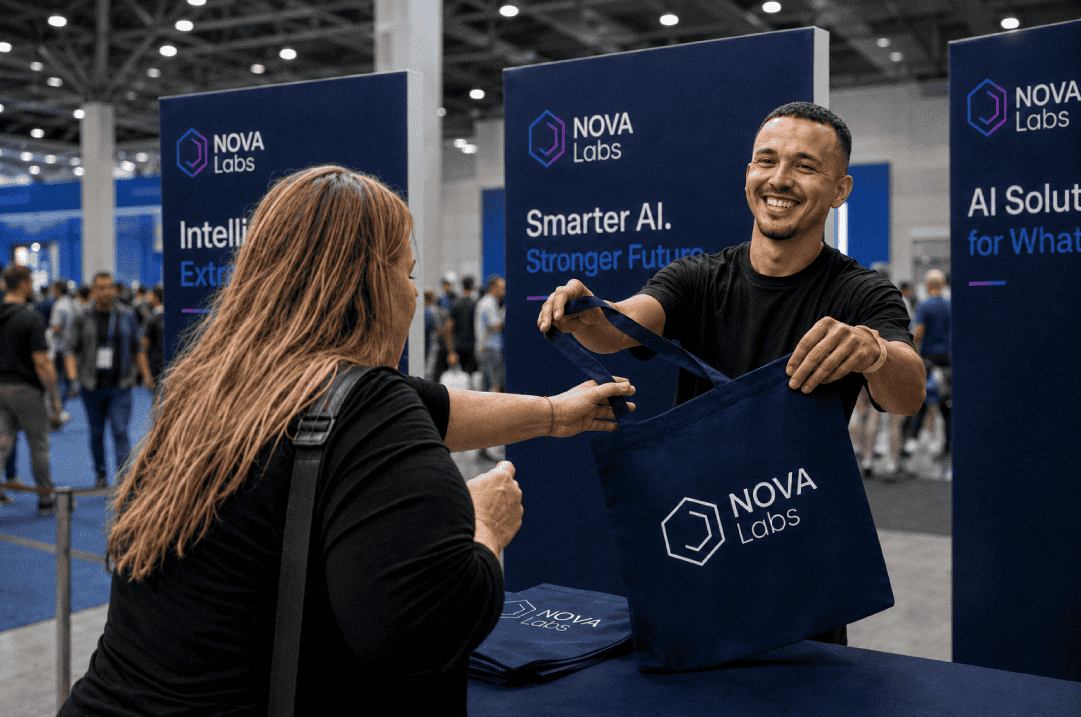 An exhibitor engaging with a trade show booth visitor and giving away a custom tote bag