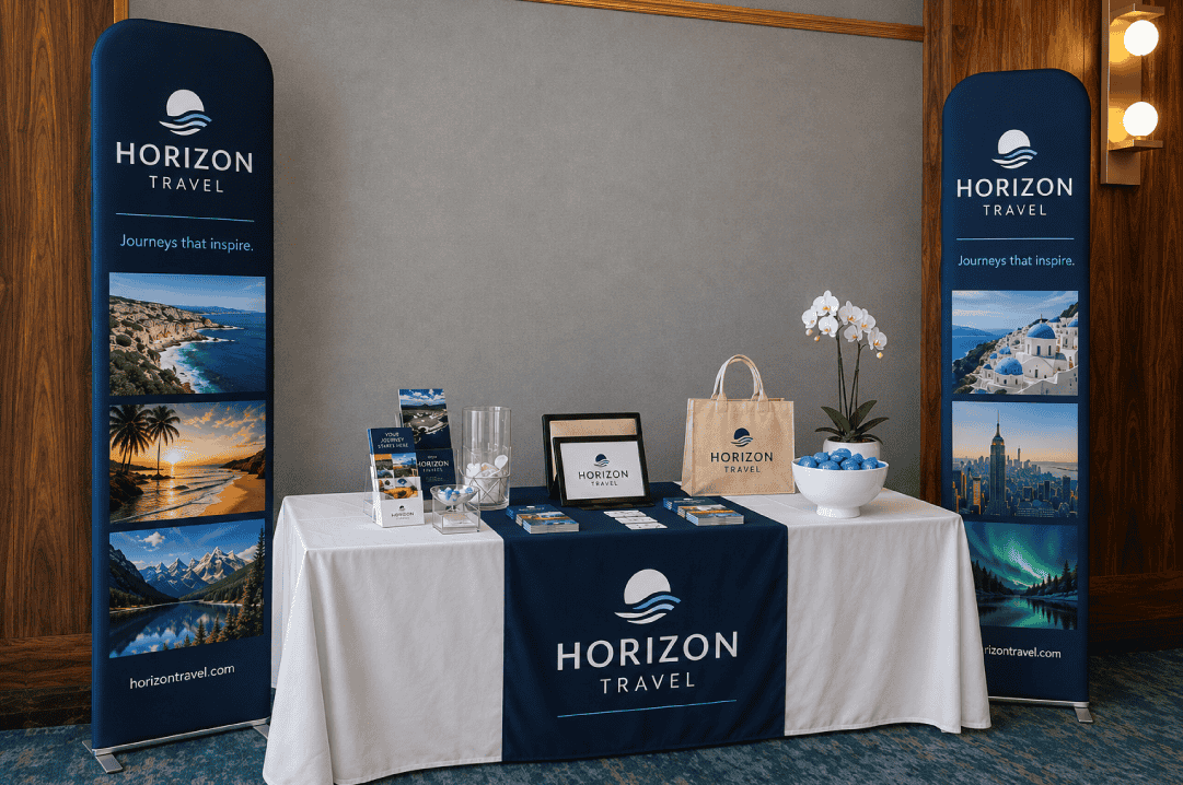 A trade show booth set up with the most popular trade show display from 4AllPromos