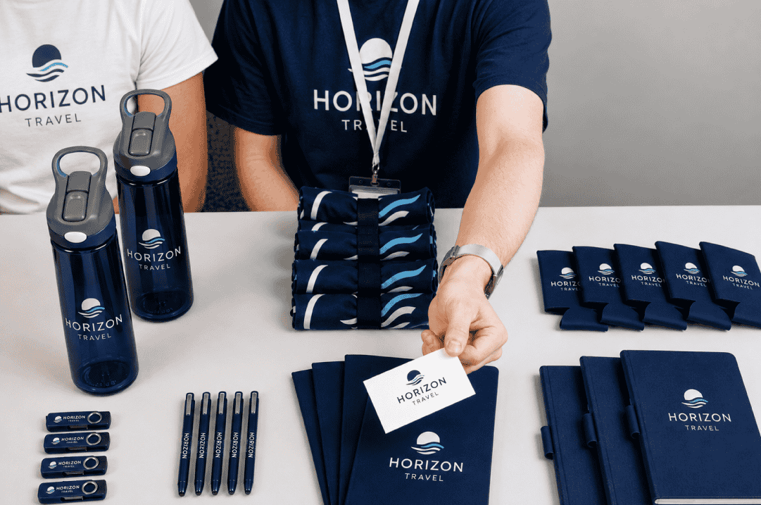 A trade show booth full of swag