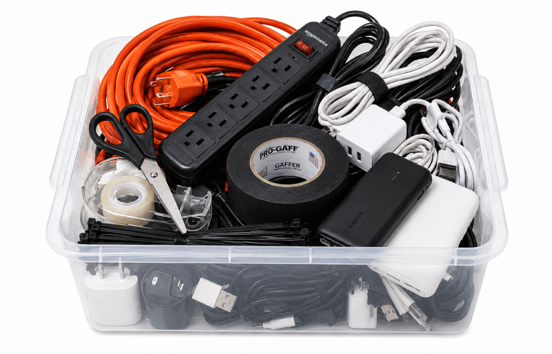 A plastic bin full of trade show essentials