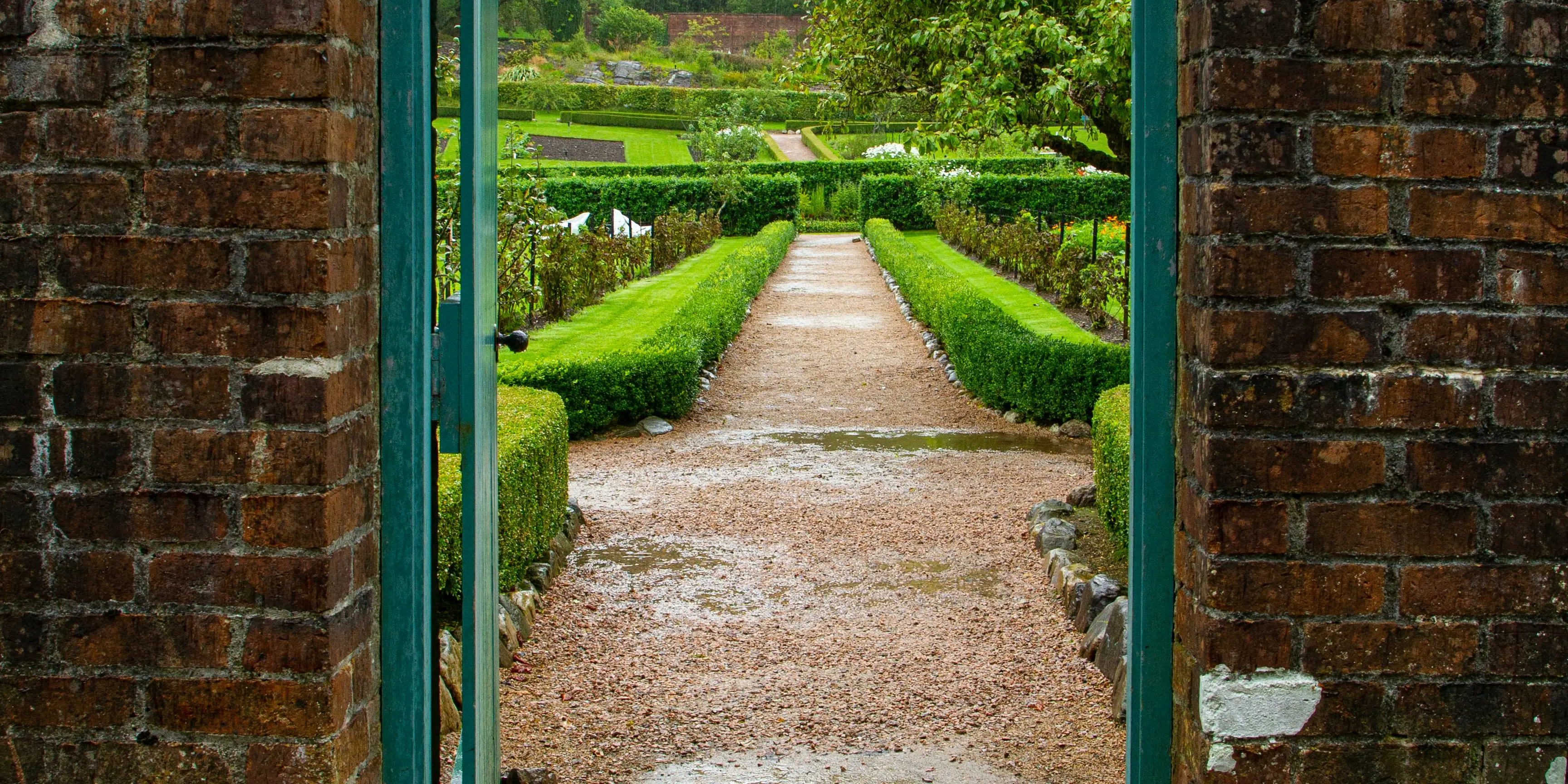 A door in a brick wall leading to a manicured garden, which you might see on an Ireland honeymoon.