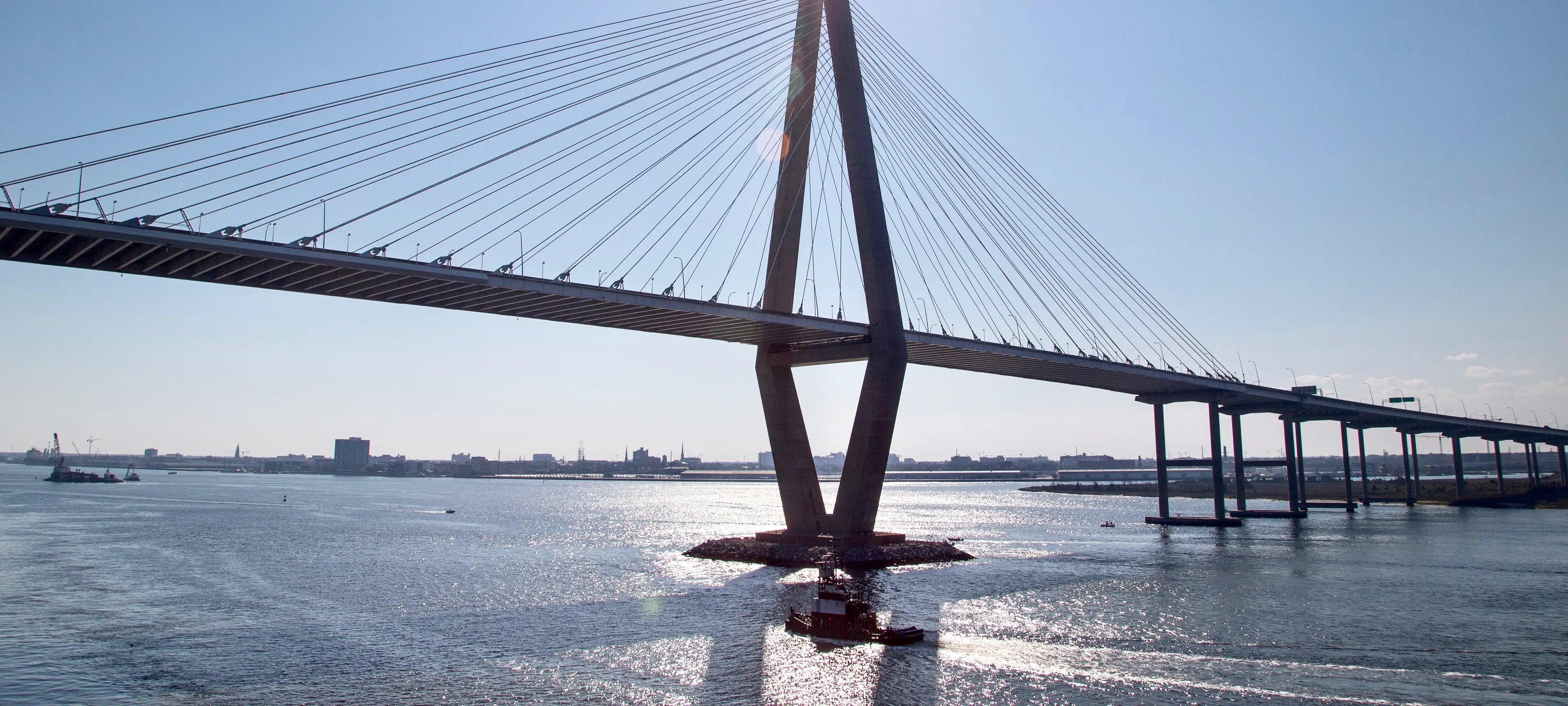 A view of Charleston Harbor and the bridge leading you over the water.