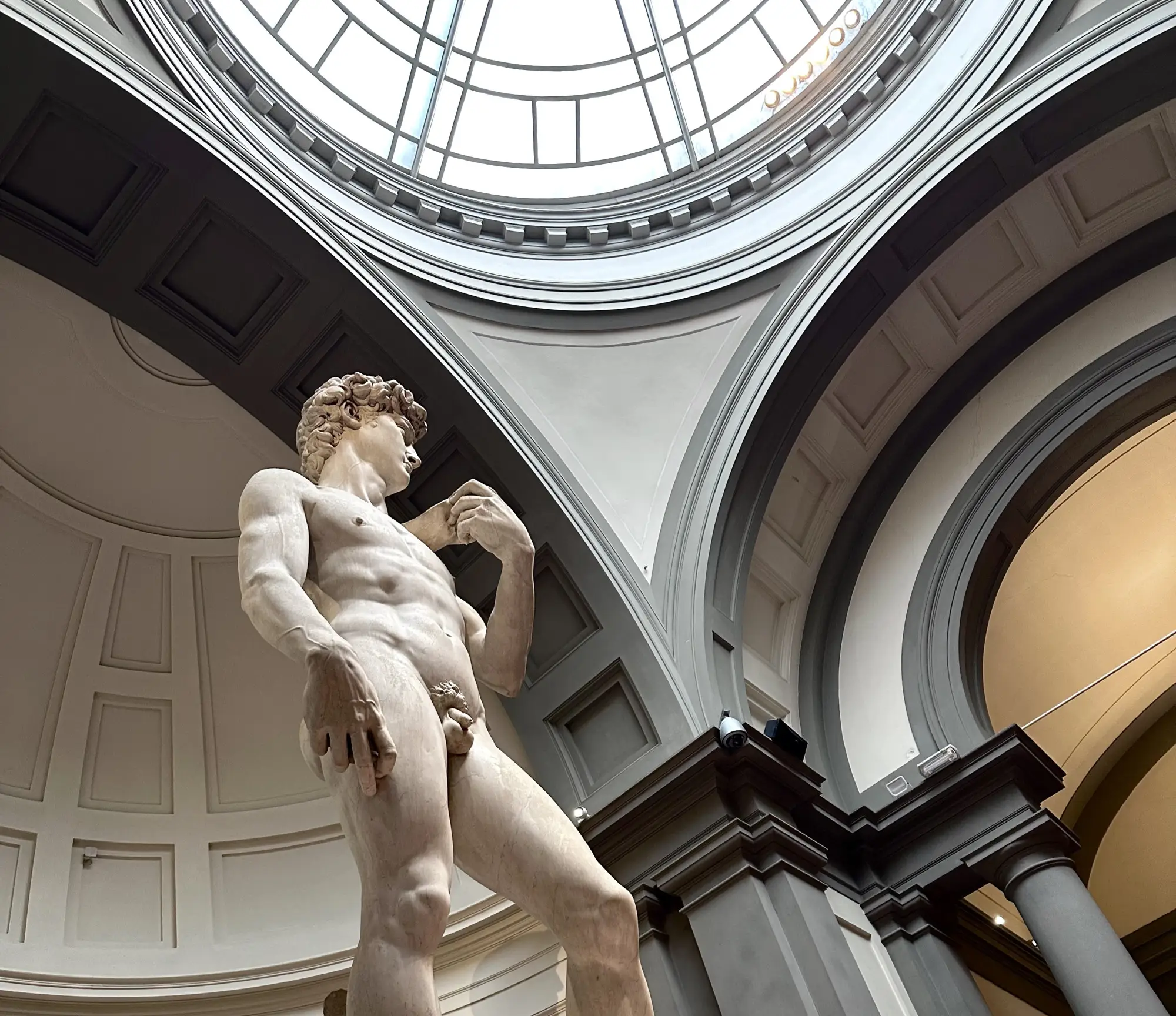 Statue of a naked man inside a museum.