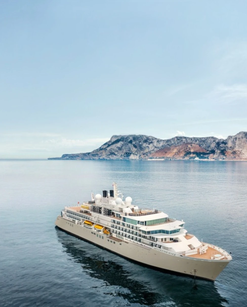 a white cruise ship near a small island in the open sea