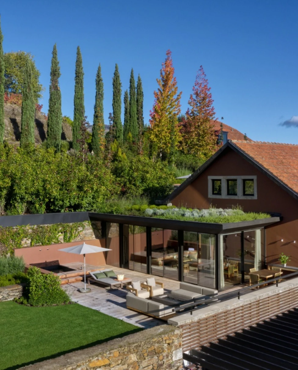 Sunny terrace against lush greenery