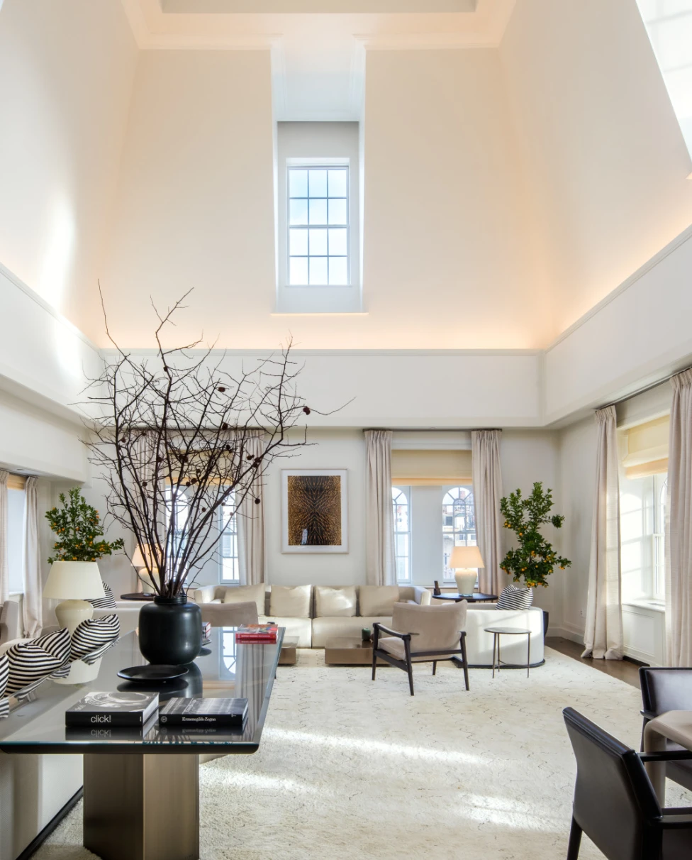 Sleek, modern living room with potted branches