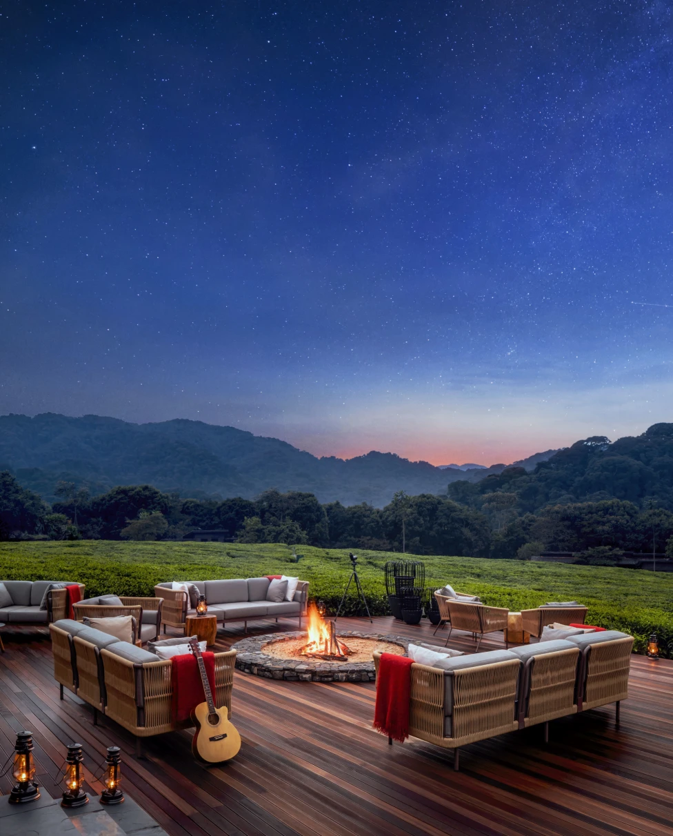 wooden deck under a starry night sky