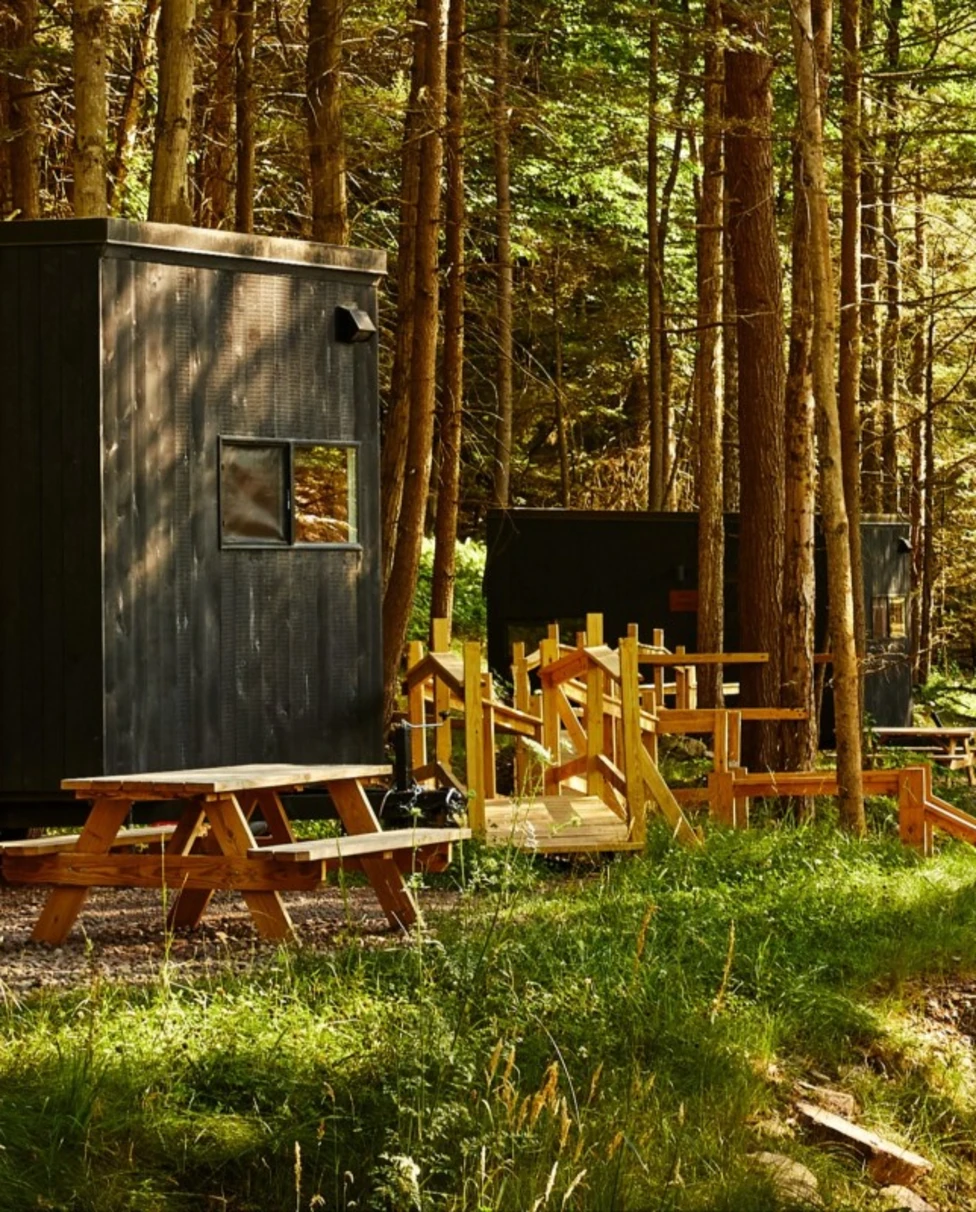 a sleek black square cabin in the woods